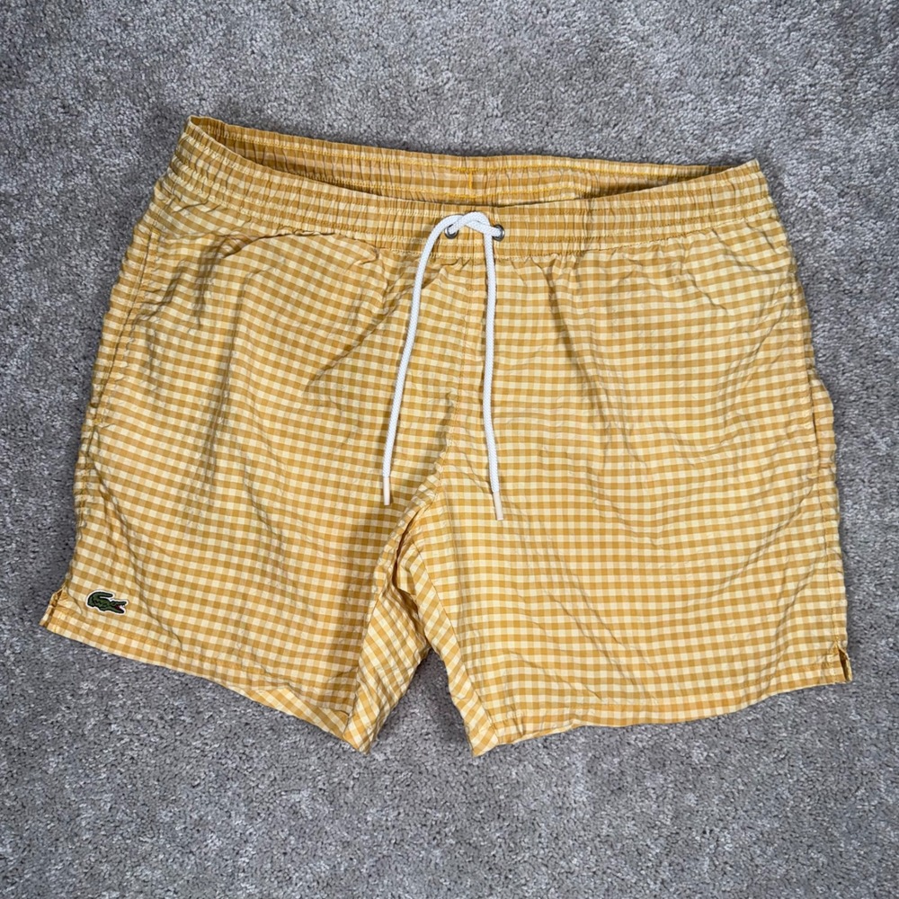 Lacoste Men's 34 Yellow Gingham Check Swim Trunks Board Shorts